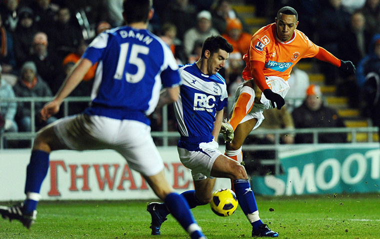 Tuesday Premier League: Blackpool's English forward D. J. Campbell shoots