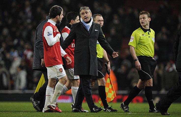 Arsenal v Manchester City: Roberto Mancini argues with Cesc Fabregas
