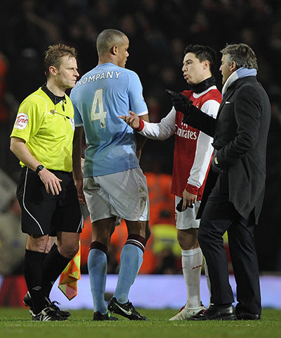 Arsenal v Manchester City: Roberto Mancini complains to the referee