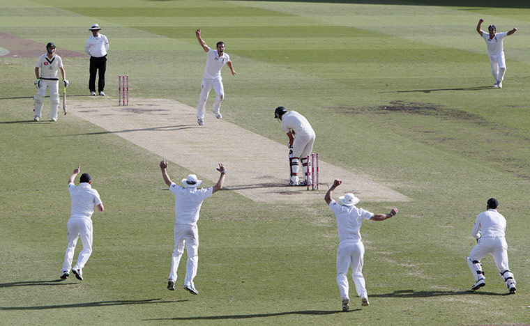 Ashes day four: England celebrate after Australia's Mitchell Johnson is bowled for no score
