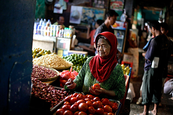 24 hours in pictures: A woman picks tomatoes at a fruit and vegetable stall at a market, Jakarta