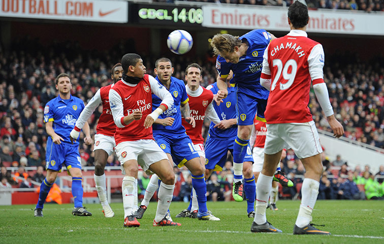 Arsenal v Leeds: Becchio heads at goal only to be denied by a great save from Szczesny