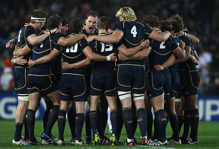 England v Scotland: Scotland team huddle before the kick off before the match against England