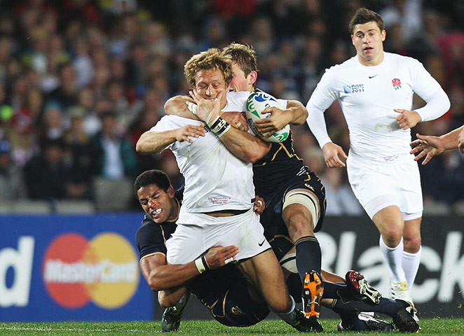 England v Scotland: Joe Ansbro, left, and John Barclay combine to bring down Jonny Wilkinson