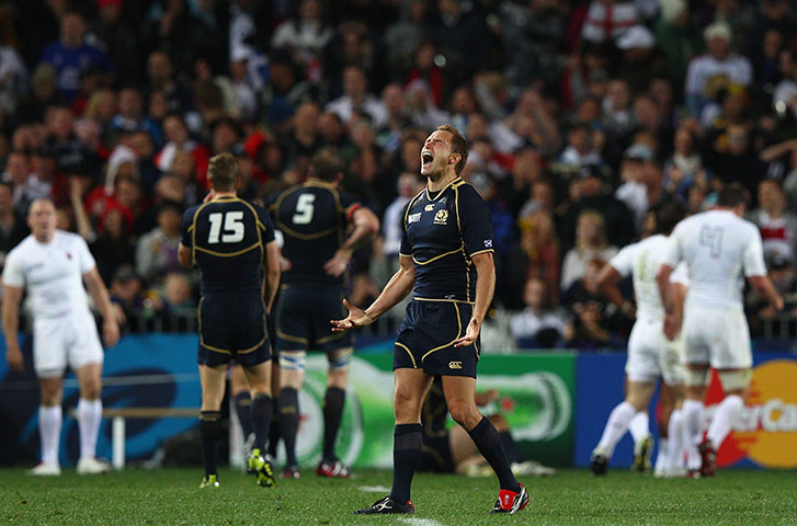 England v Scotland: Dan Parks of Scotland yells after his team miss out on scoring a try 