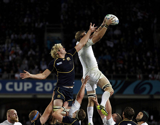 England v Scotland: England's Tom Croft beats Scotland's Richie Gray in a line out 