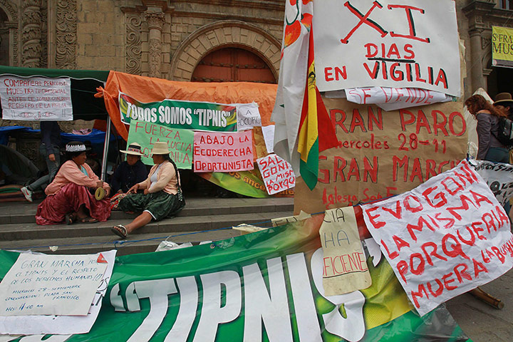 Bolivia Tipnis protests: 29 September: Natives and activists at a vigil to support Bolivian natives