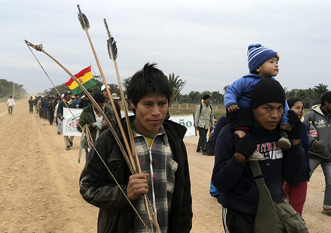 Bolivia Tipnis protests: 22 August: Indigenous people walk near Puerto San Borja on the eighth day