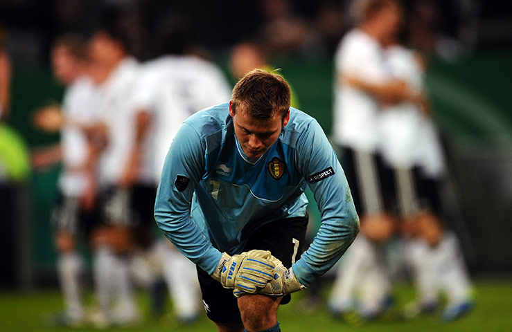 Euro 2012 Qualifiers: Belgium's keeper Simon Mignolet concedes their 3rd goal against Germany