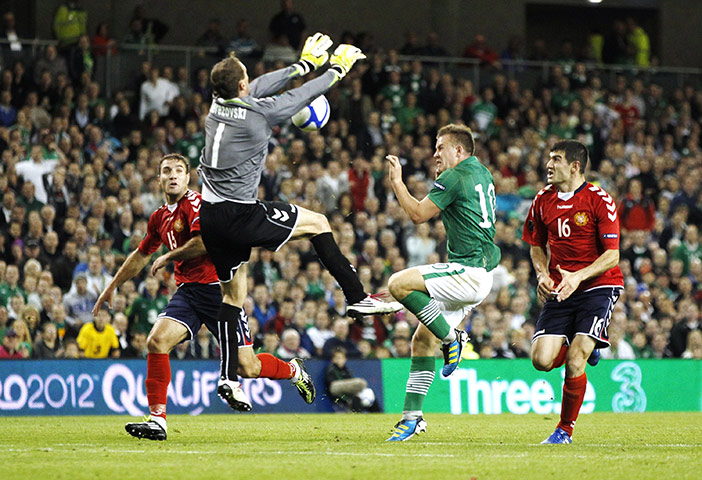 Euro 2012 Qualifiers: Armenia's keeper Roman Berezovski handles the ball outside his area