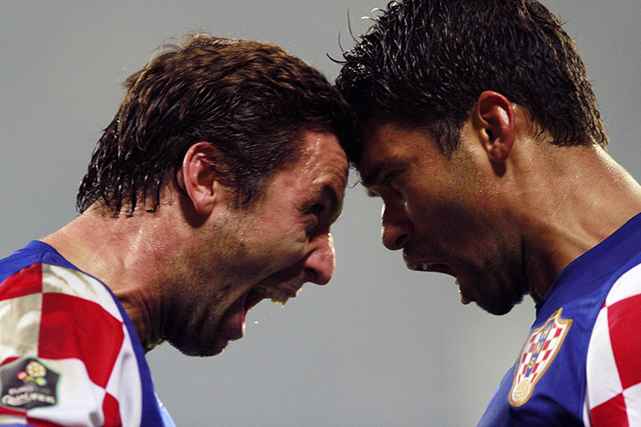 Euro 2012 Qualifiers: Croatia's Darijo Srna, left and Eduardo Da Silva celebrate Eduardo's goal