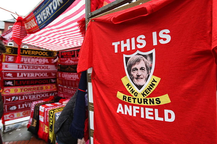 John Henry Timeline: General view of Kenny Dalglish merchandise outside Anfield