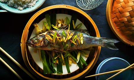 Steamed sea bass with ginger and spring onion