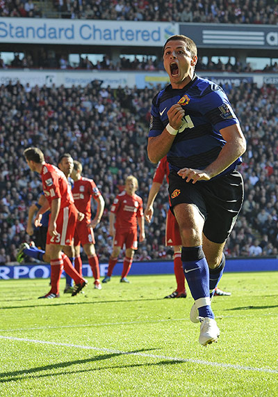 Liverpool v United: Hernandez celebrates equalising for Manchester United against Liverpool