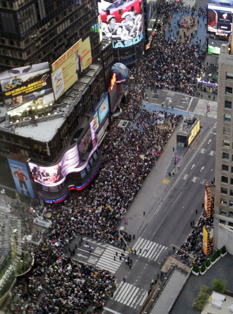 Demonstrators affiliated with Occupy Wall Street rally in New York's Times Square