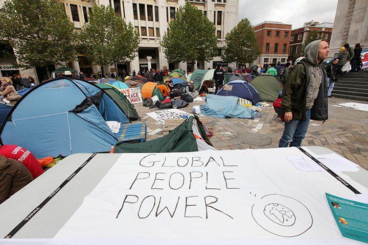 Occupy London protest: A banner amongst tents outside St Pauls Cathedral