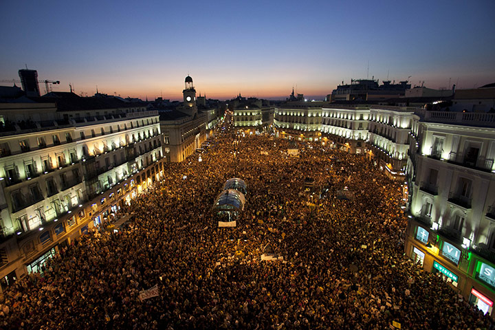 Occupy World Protests: People take a part in a demostration in Puerta del Sol square in Madrid