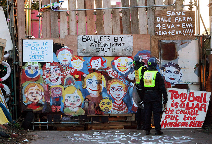 Dale farm eviction: Police at the entrance to Dale Farm in Essex 