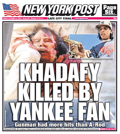 Gaddafi dead: New York Post, US