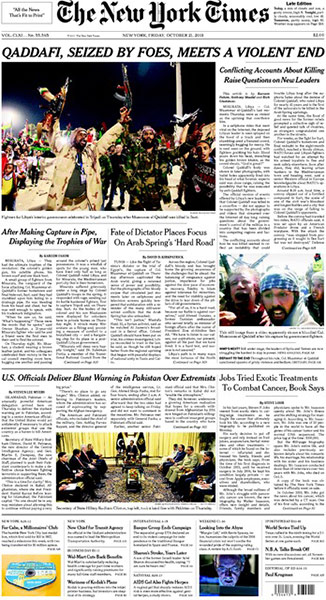 Gaddafi dead: New York Times, US
