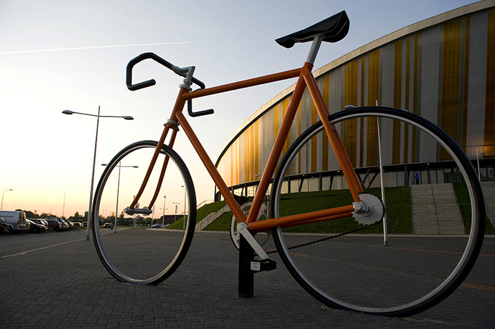 Cycling Championships: Huge bike sculpture outside the Apeldoorn velodrome