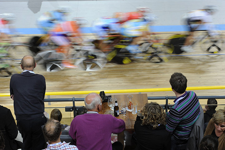 Cycling Championships: VIPs enjoy a drink and the action at the Euro Track Cycling Championship