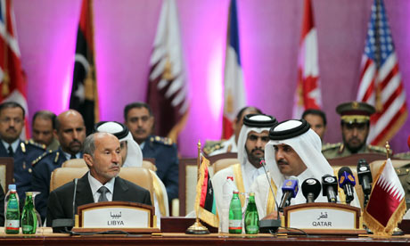 Libya's interim leader, Mustafa Abdel Jalil, at the 'friends of Libya' group meeting in Qatar