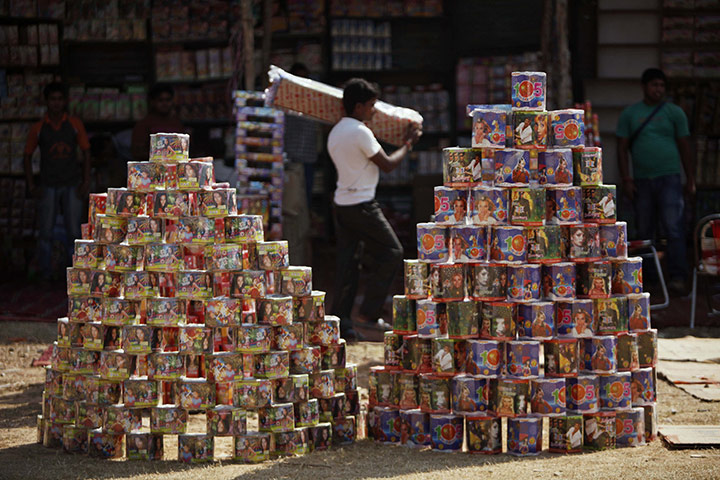 Diwali festival of lights: Packets of firecrackers are displayed for sale in Jammu, India