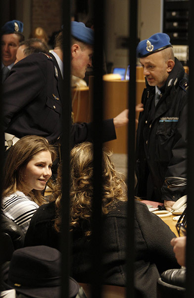 16 January 2009: Amanda Knox on the first day of her murder trial at the Perugia courthouse