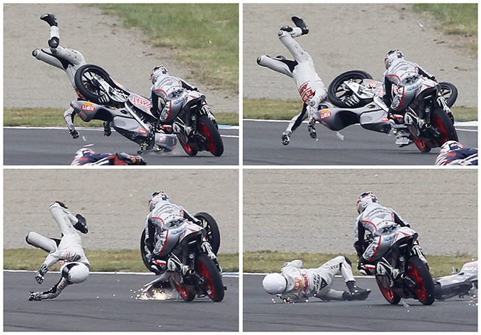 Aprilia 125cc rider Niklas Ajo falls at the Japanese Grand Prix