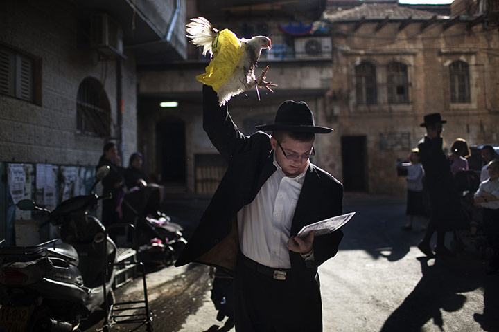 24 hours: Jerusalem: An Ultra-Orthodox Jew swings a chicken over his head