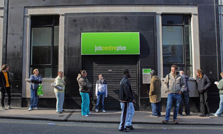 a queue of people outside job centre plus