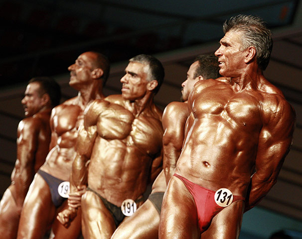 Bodybuilding: Competitors in the men's +51-year-old category pose