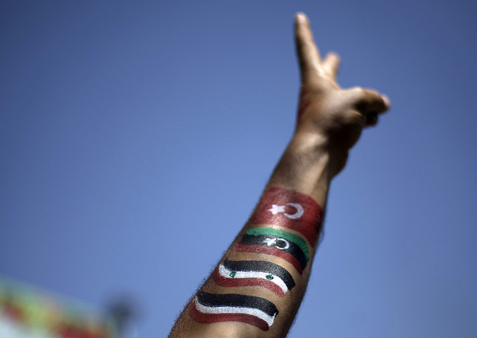 24 hours in pictures: Protestor with Yemeni, Syrian, Libyan and Tunisian flags painted on his arm