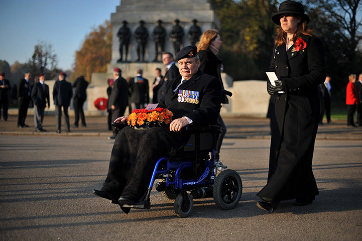 Remembrance Sunday: An ex-serviceman arrives at the Remembrance Sunday service in Whitehall