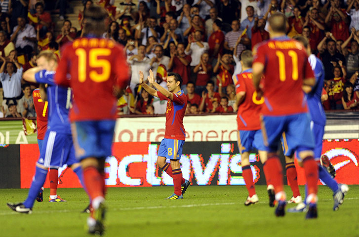 Euro 2012 qualifiers: Spain's Xavi Hernandez celebrates after scoring against Liechtenstein