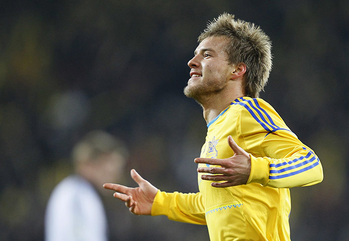 Euro 2012 qualifiers: Ukraine's Andriy Yarmolenko celebrates scoring against Germany