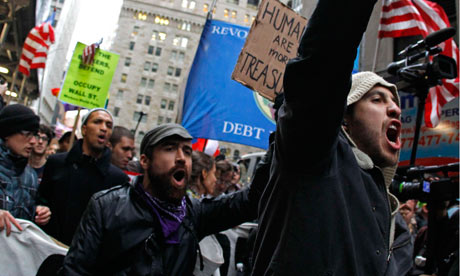Occupy Wall street demonstrators protest near the New York Stock Exchange