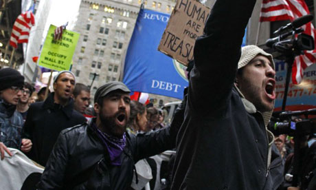 Occupy Wall street demonstrators protest on the streets of lower Manhattan