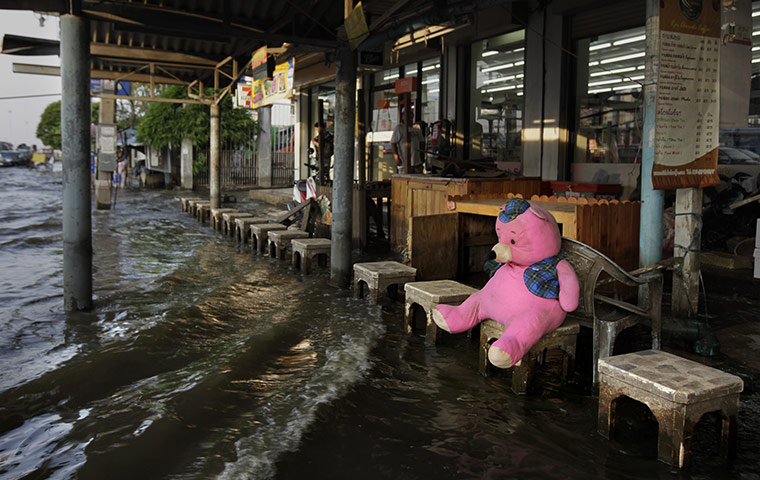 24 hours: A stuffed teddy bear at a bus stop on the outskirts of Bangkok