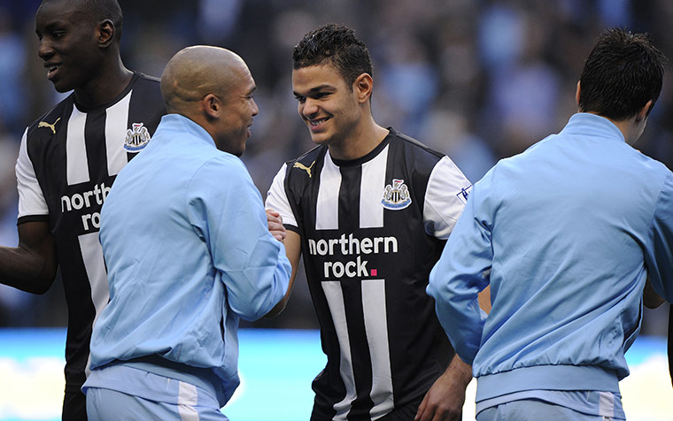 Man City v Newcastle: Hatem Ben Arfa shakes hands with Nigel De Jong