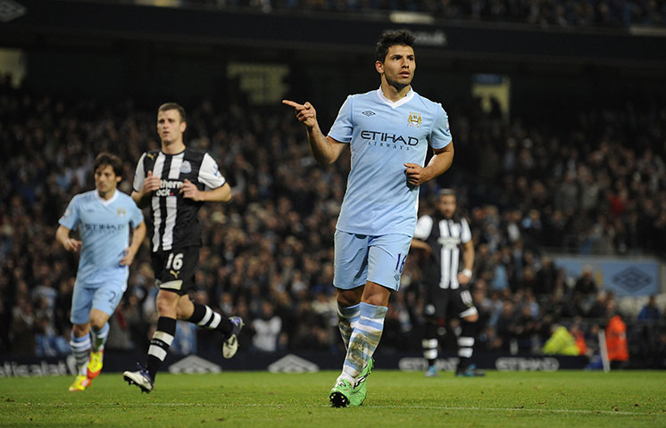 Man City v Newcastle: Aguero celebrates after making it 3-0