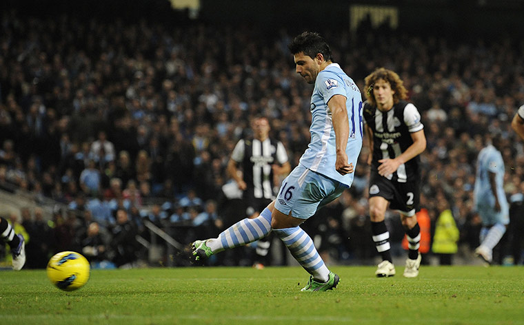 Man City v Newcastle: Sergio Aguero scores the 3rd City goal from the penalty spot