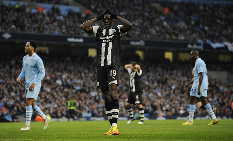 Man City v Newcastle: Demba Ba dispair as his shot in the 1st half is saved by Hart