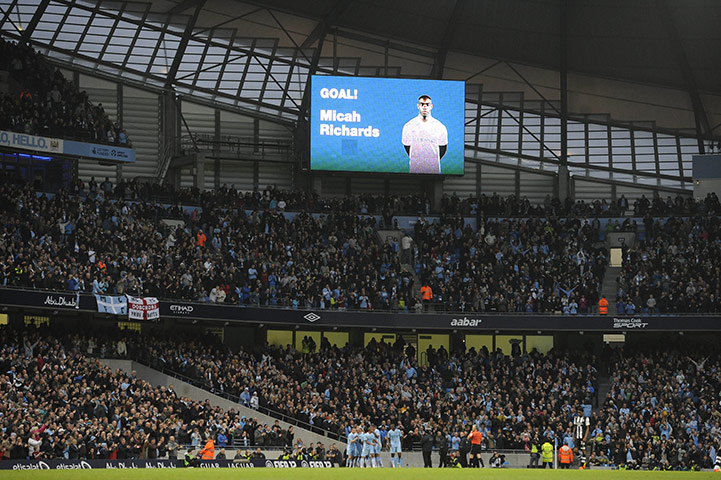 Man City v Newcastle: The stadium scoreboard celebrates the 2nd City goal scored by Richards