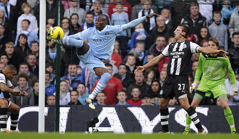 Man City v Newcastle: Mario Balotelli controls the ball acrobatically