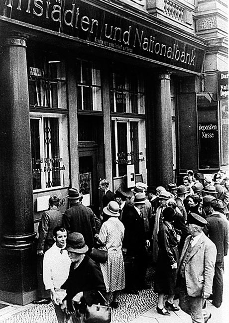 A crowd gathers at the Darmstaedter and National Bank in Berlin in 1931