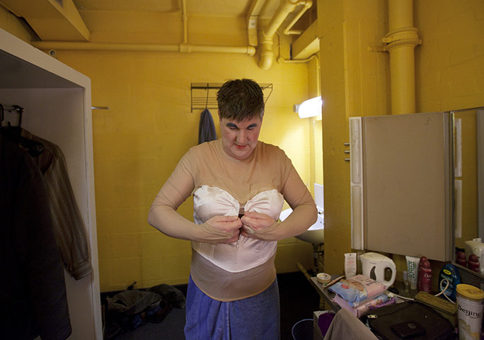 Cinderella pantomime: John Elkington (Bella the ugly sister) gets his false chest fitted f