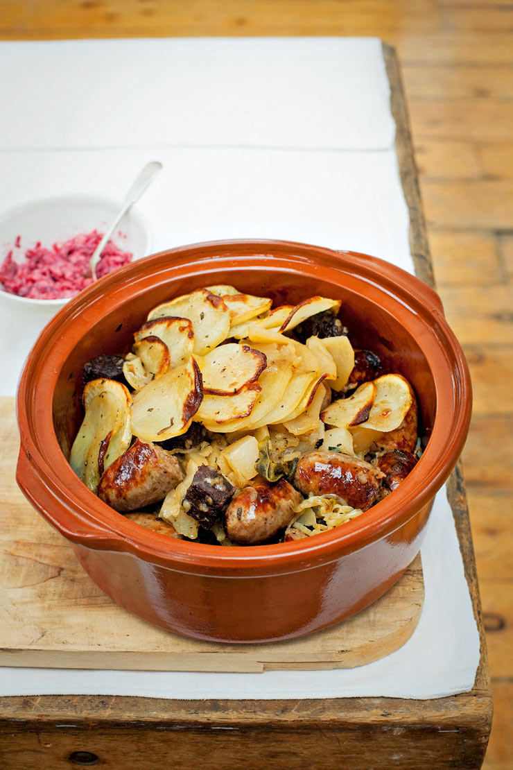 Beef sausage hotpot with beetroot and horseradish relish recipe | Life ...