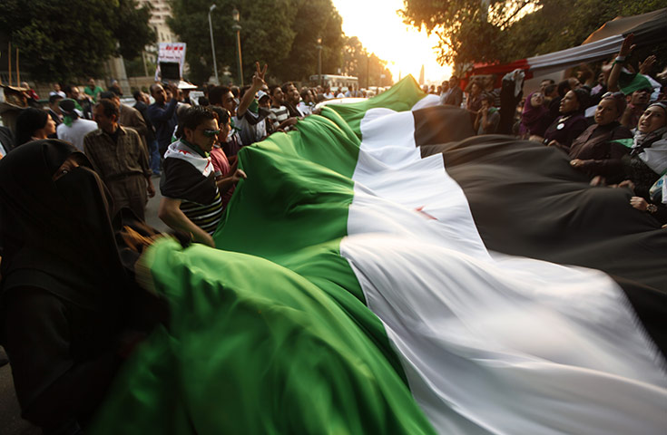 24 hours in pictures: Protesters wave a flag during a protest against the Syrian regime in Cairo